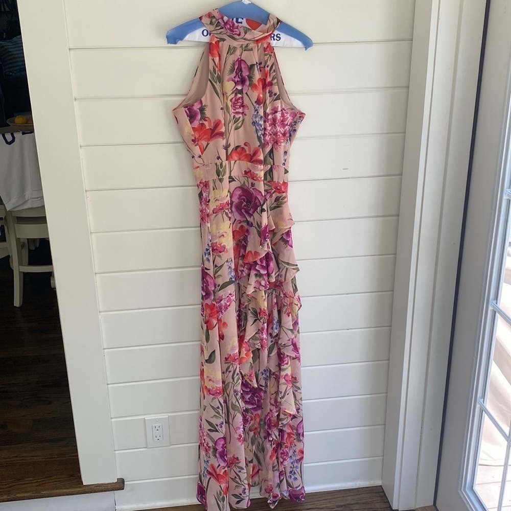 Eliza J | Halter Neck Floral Print Chiffon Sleeveless Side Slit Cascade Ruffle - Picture 2 of 11